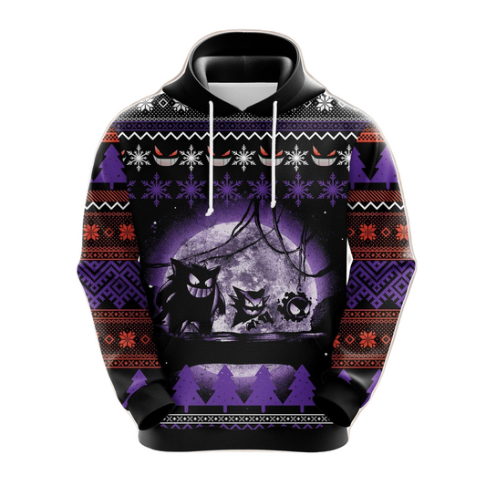 Pokemon Hoodie Gengar In Moonlight Christmas Pattern Hoodie Black Purple Unisex - Cozy Hoodie For Cold Weather