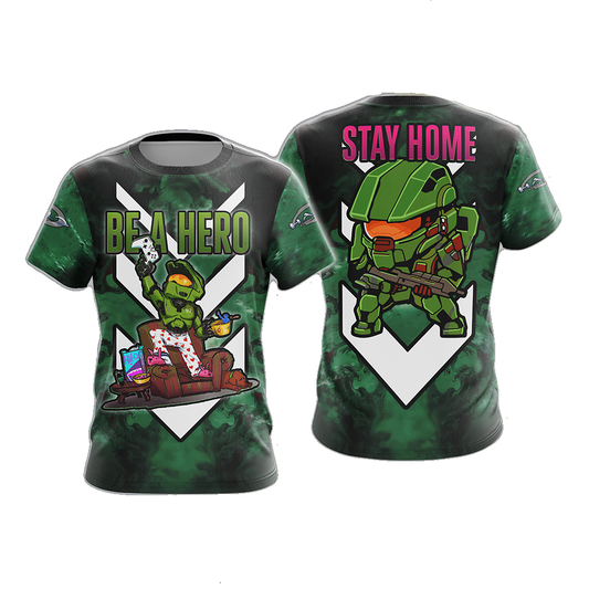 Halo T-Shirt Be A Hero Stay Home T-Shirt Green Unisex - Trendy Gift For Men & Women