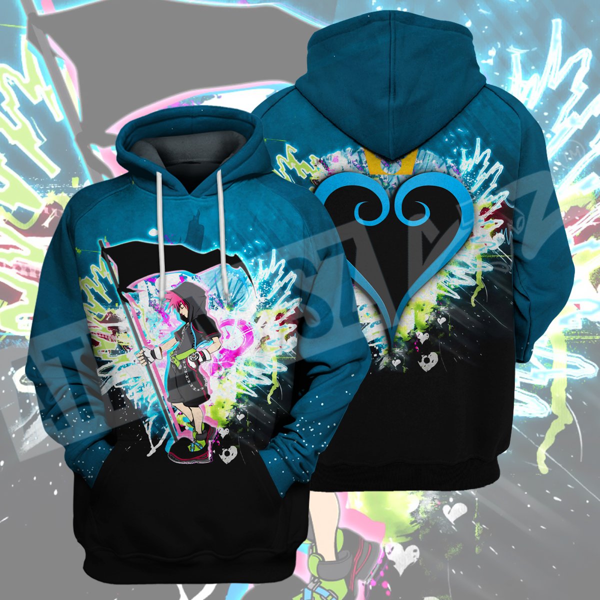  Kingdom Hearts T-shirt Sora Holding Flag Kingdom Hearts Logo Black Blue T-shirt Hoodie  