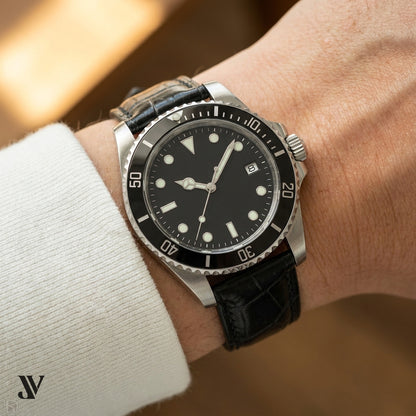 Justvero Black Watch Strap - Premium Standard Alligator Leather — shown on watch