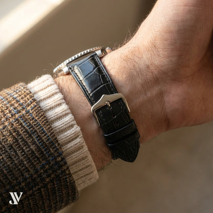 Justvero Black Watch Strap - Premium Standard Alligator Leather — shown on watch