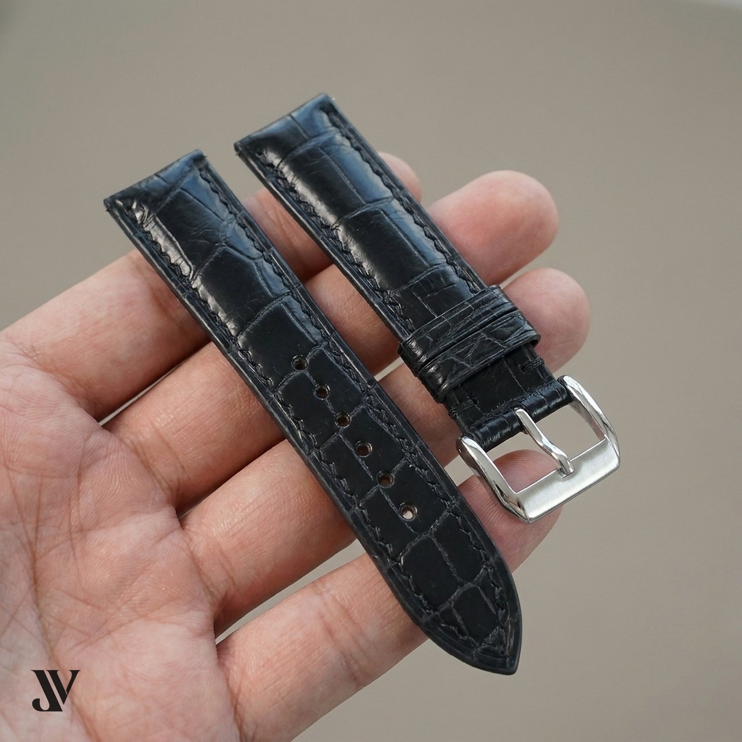 Justvero Black Watch Strap - Premium Standard Alligator Leather — shown on watch