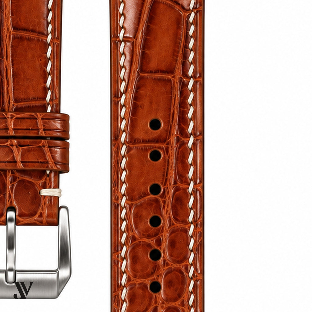 Cognac Alligator Leather Watch Strap — stitching detail