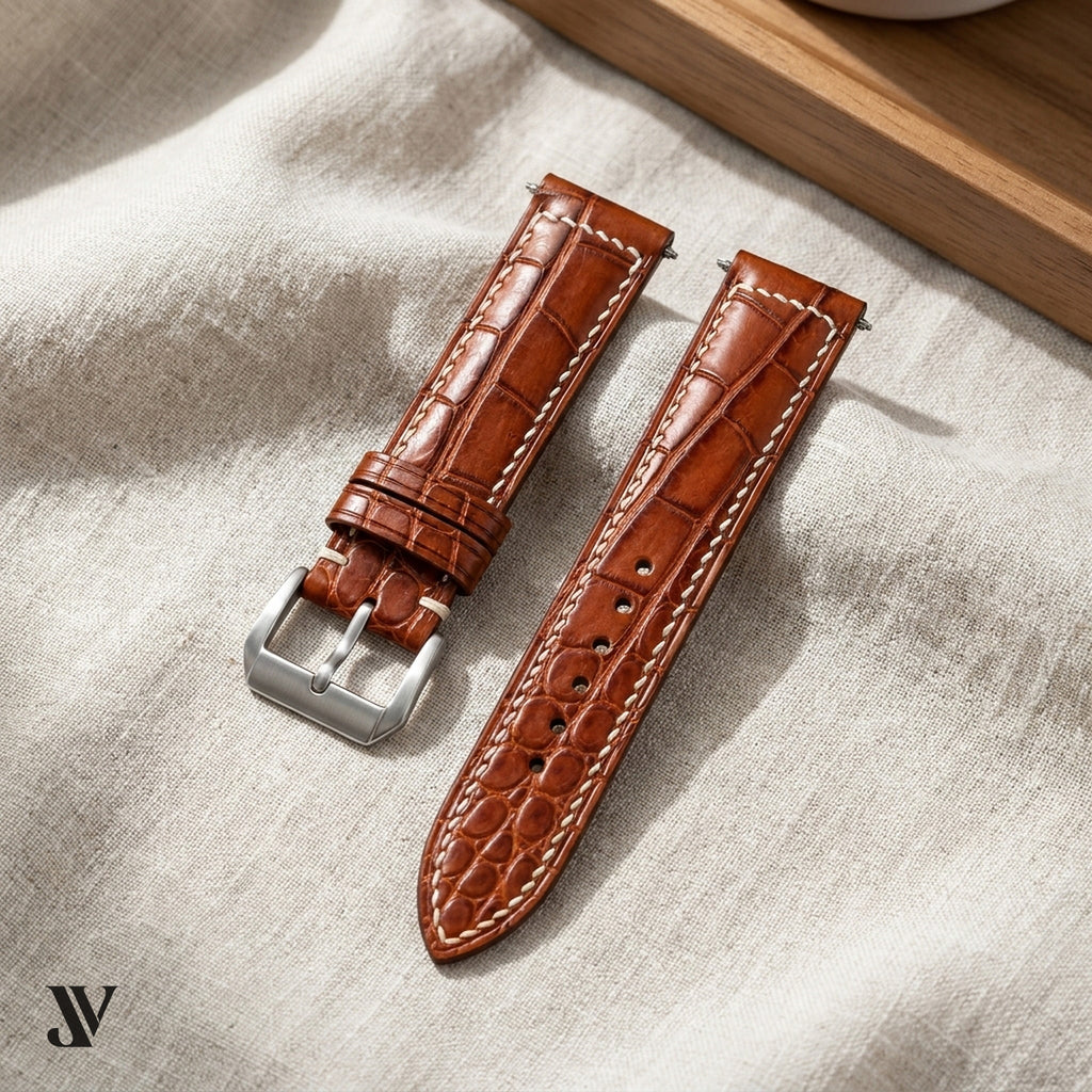 Cognac Alligator Leather Watch Strap — styled scene