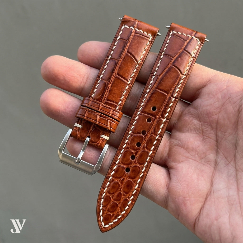 Cognac Alligator Leather Watch Strap — shown on watch