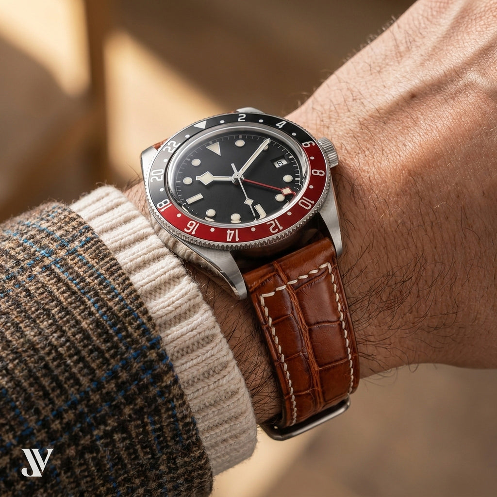Cognac Alligator Leather Watch Strap — shown on watch
