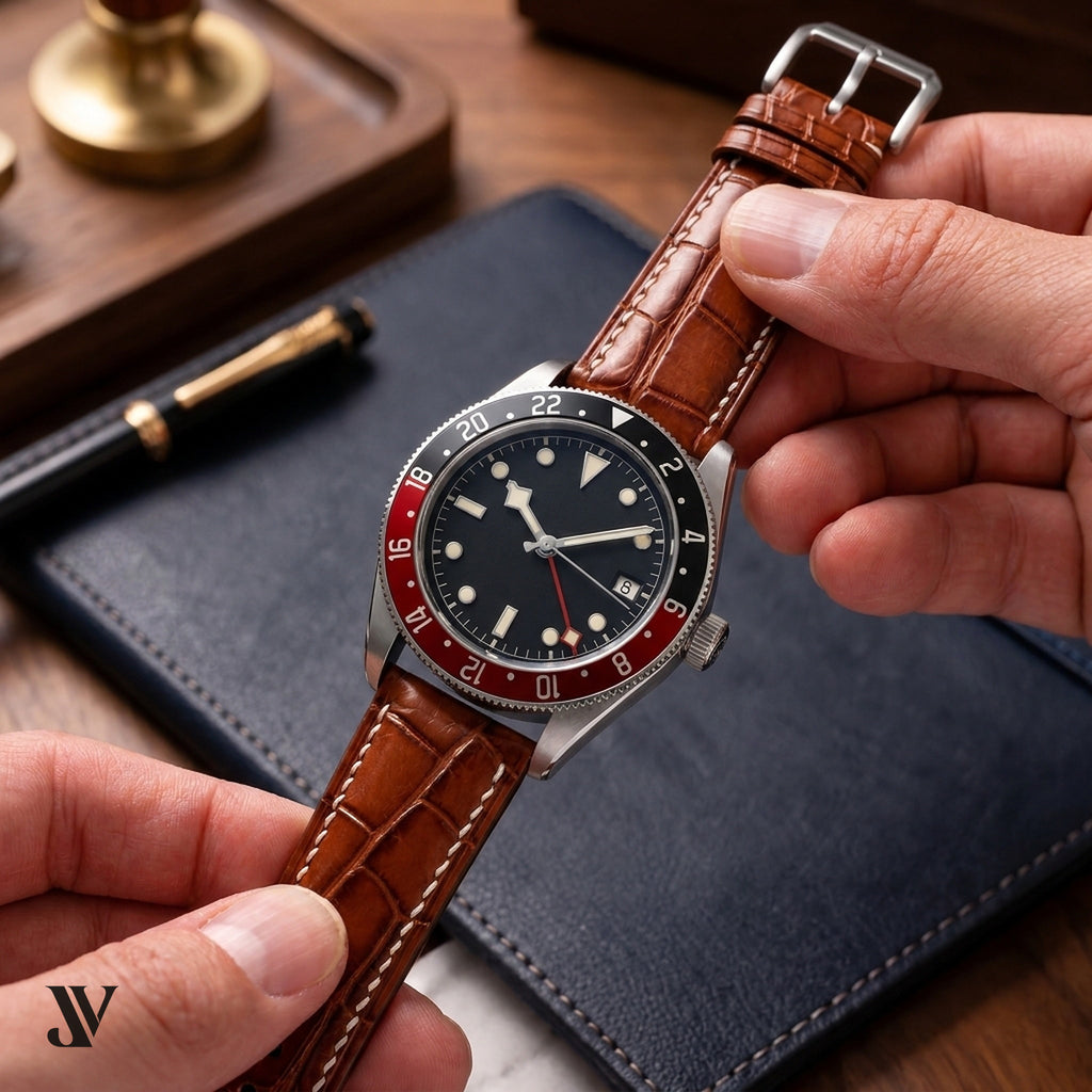 Cognac Alligator Leather Watch Strap — shown on watch