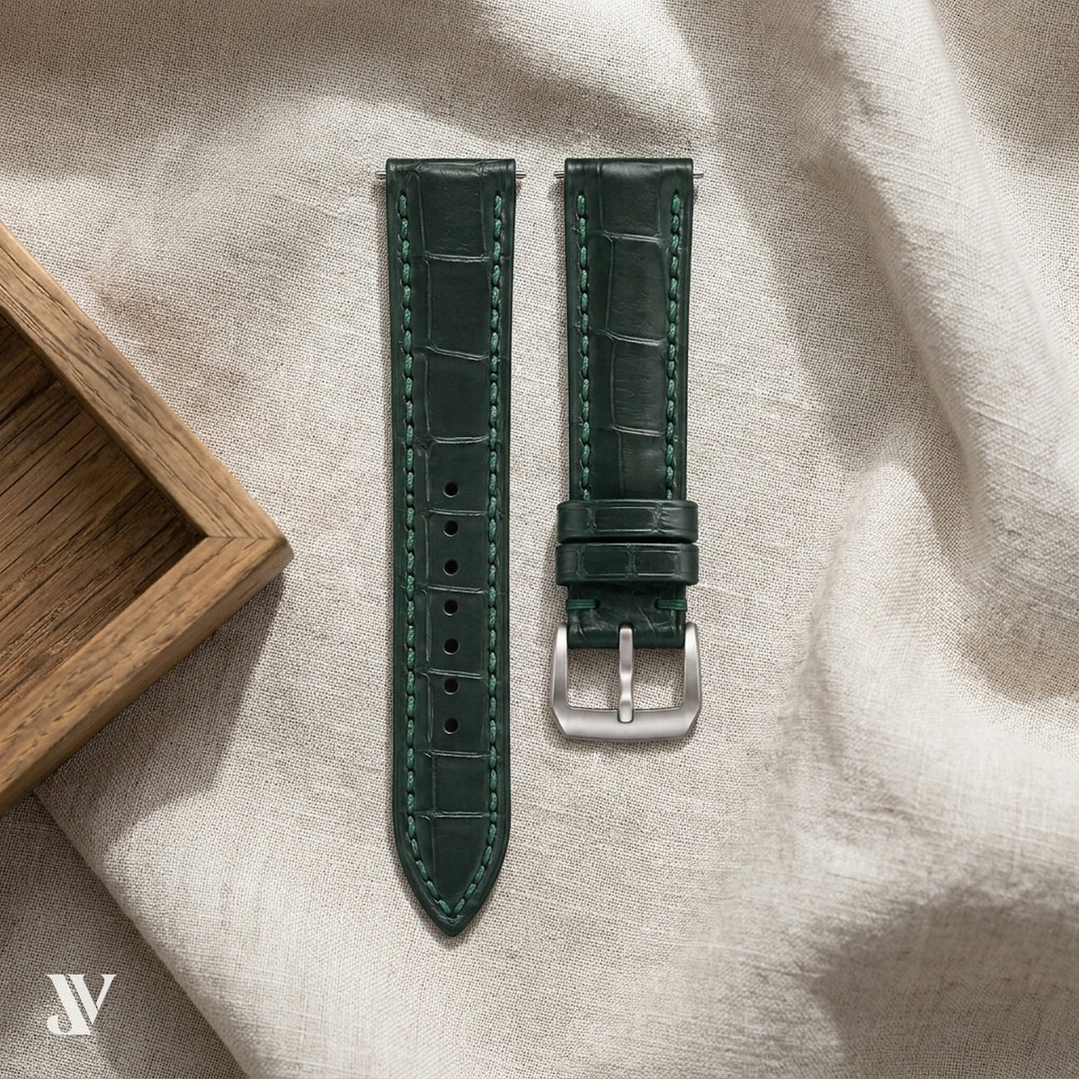 Dark Green Alligator Leather Watch Strap — styled scene