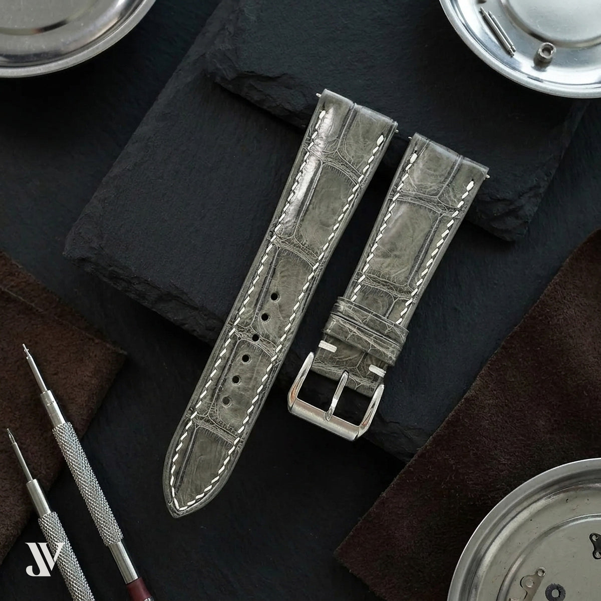 Justvero Dark Gray Standard Alligator Leather Watch Band — styled scene