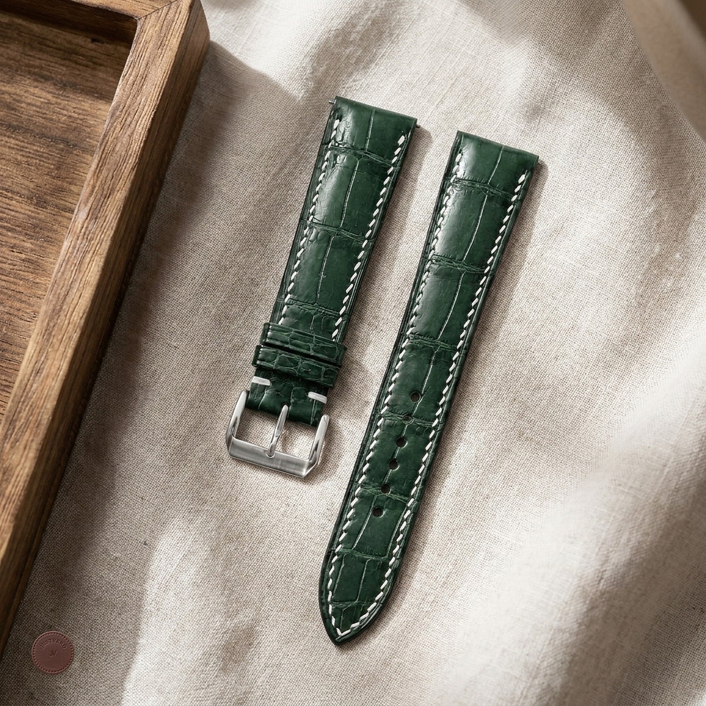 Dark Green Standard Alligator Leather Watch Strap — styled scene