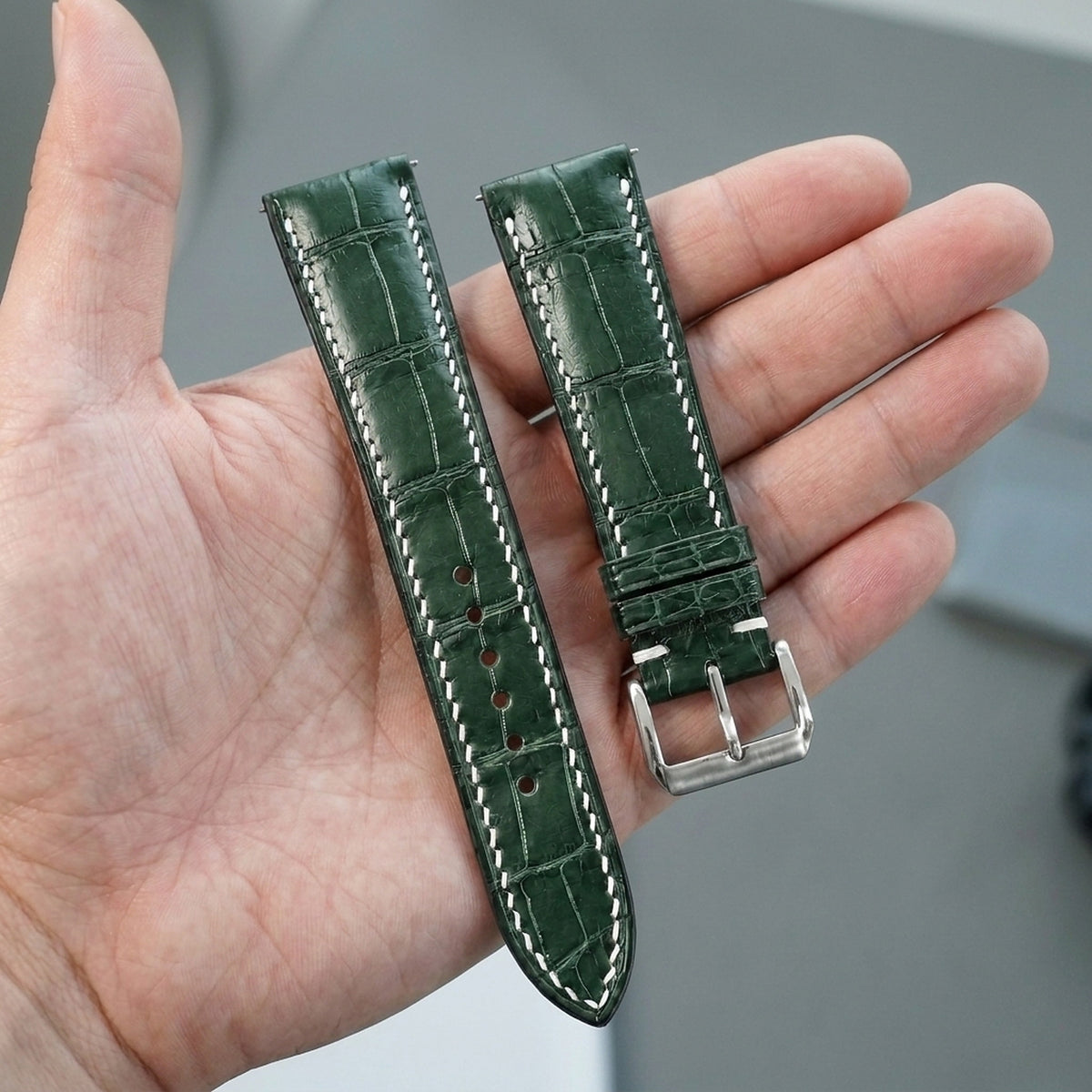 Justvero Dark Green Standard Alligator Leather Watch Band — shown on watch
