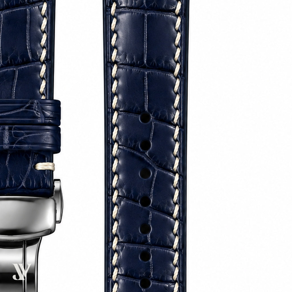 Navy Alligator Leather Watch Strap — stitching detail