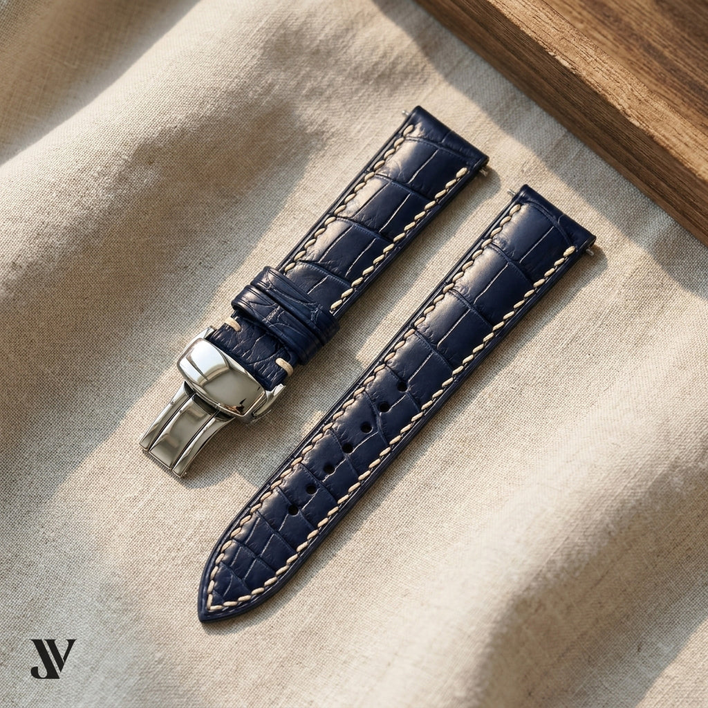 Navy Alligator Leather Watch Strap — styled scene
