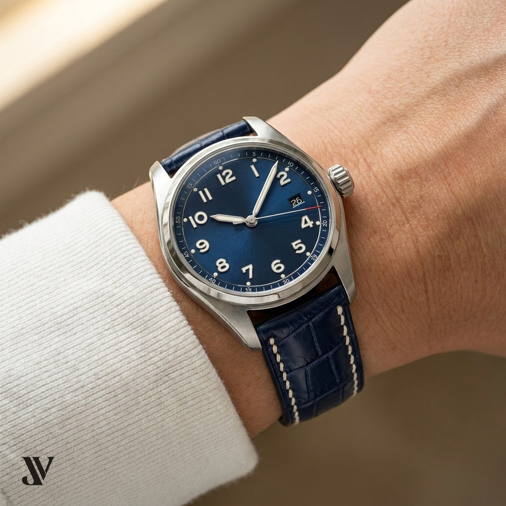 Navy Alligator Leather Watch Strap — shown on watch