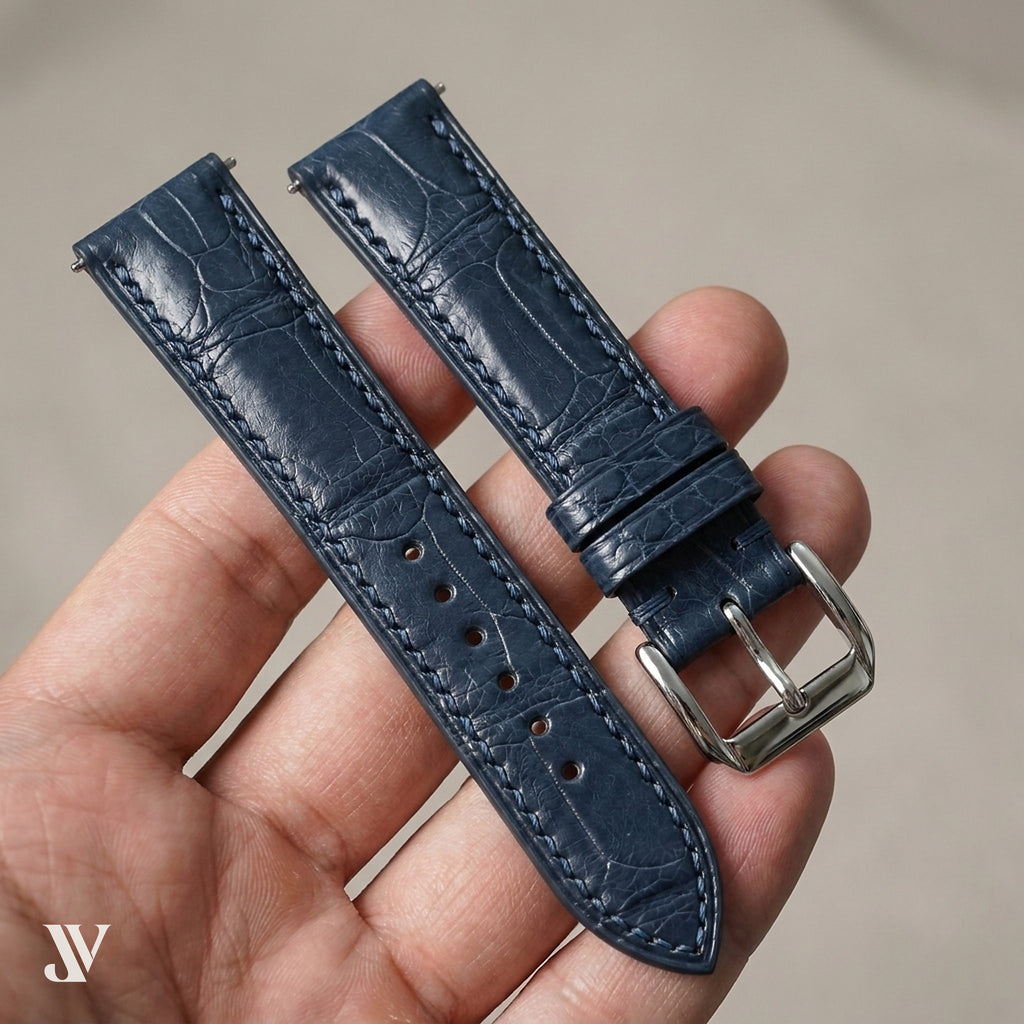 Navy Blue Alligator Leather Watch Strap — shown on watch