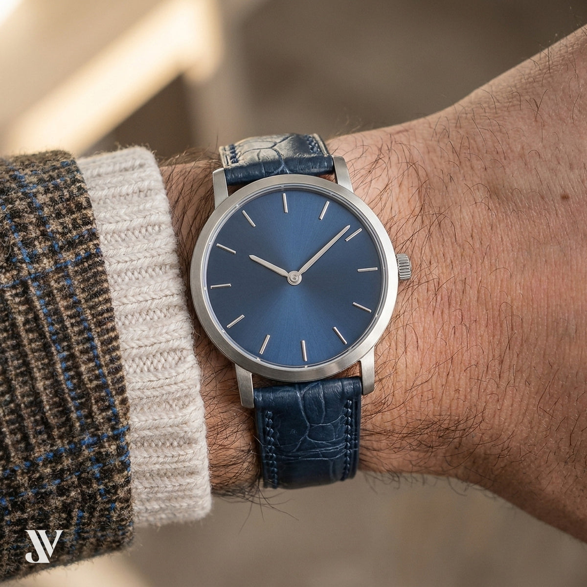 Navy Blue Alligator Leather Watch Strap — shown on watch