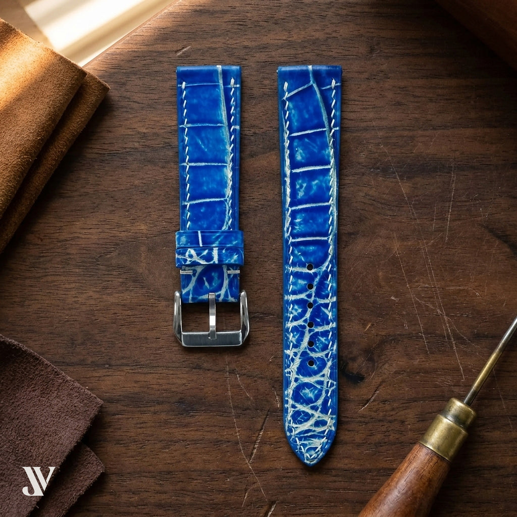 Ocean Blue Standard Alligator Watch Strap by Justvero — styled scene