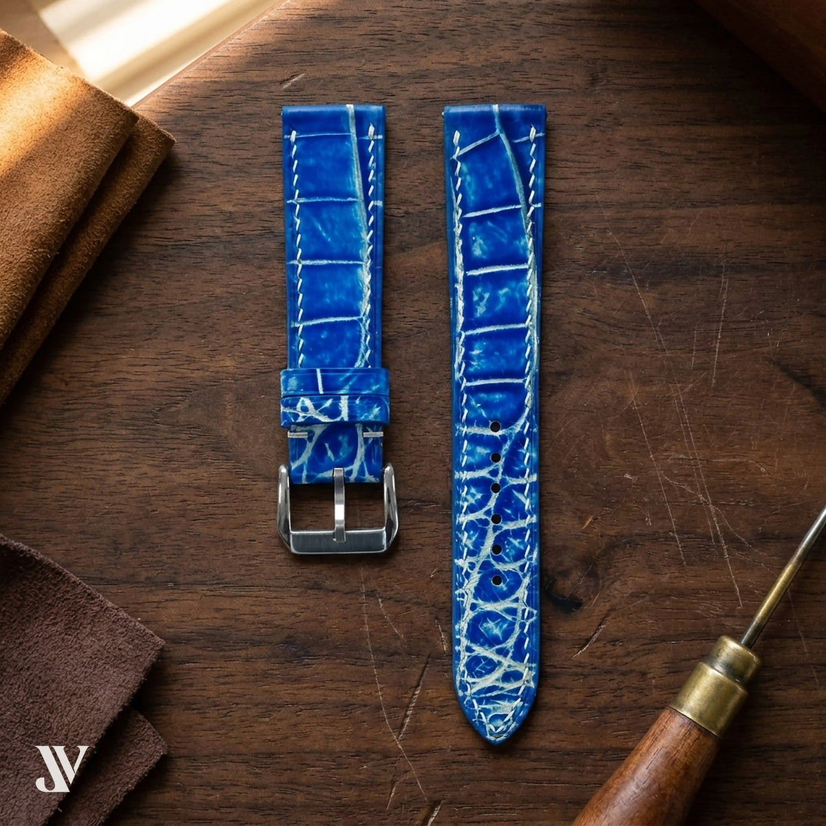 Ocean Blue Standard Alligator Watch Strap by Justvero — styled scene