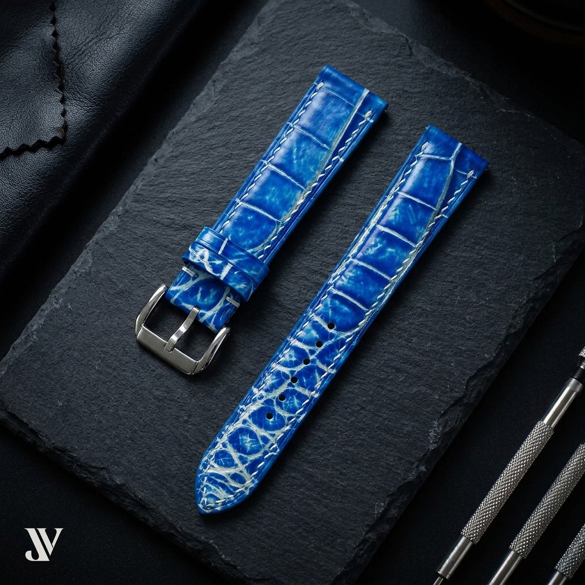 Ocean Blue Standard Alligator Watch Strap by Justvero — styled scene