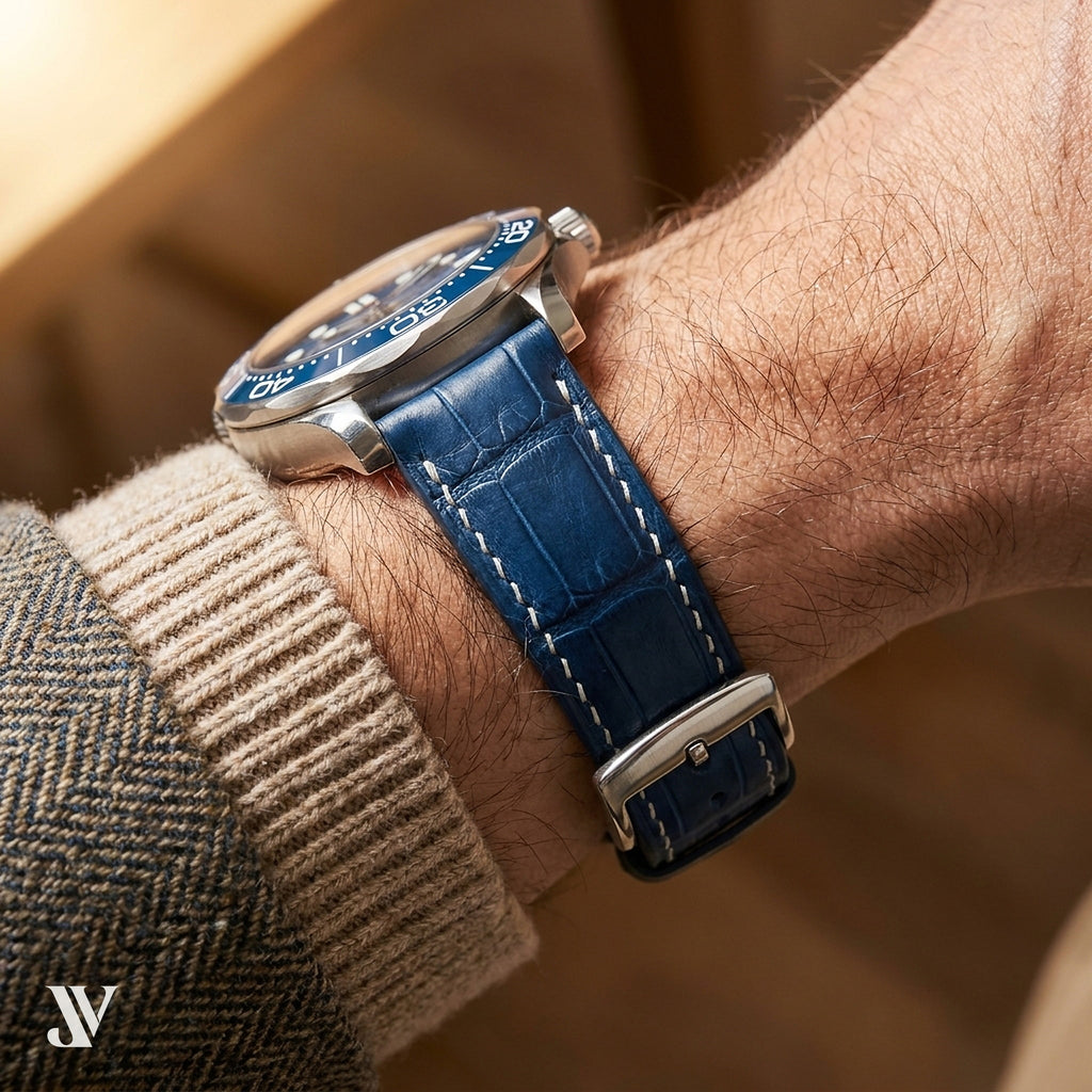 Ocean Blue Standard Alligator Watch Strap by Justvero — shown on watch
