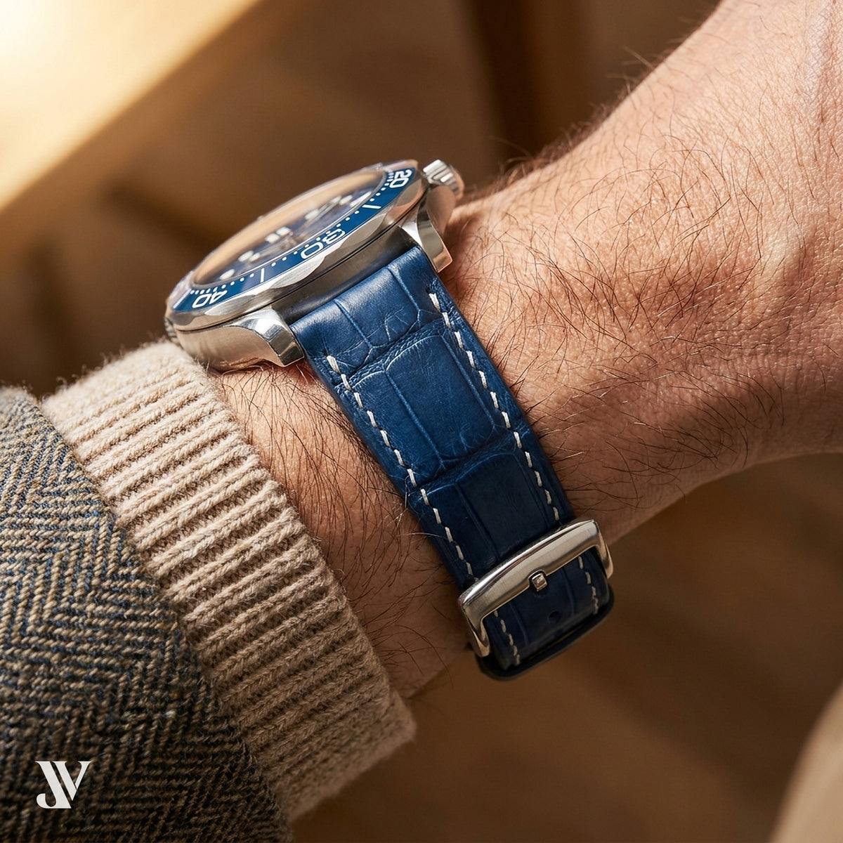 Ocean Blue Standard Alligator Watch Strap by Justvero — shown on watch