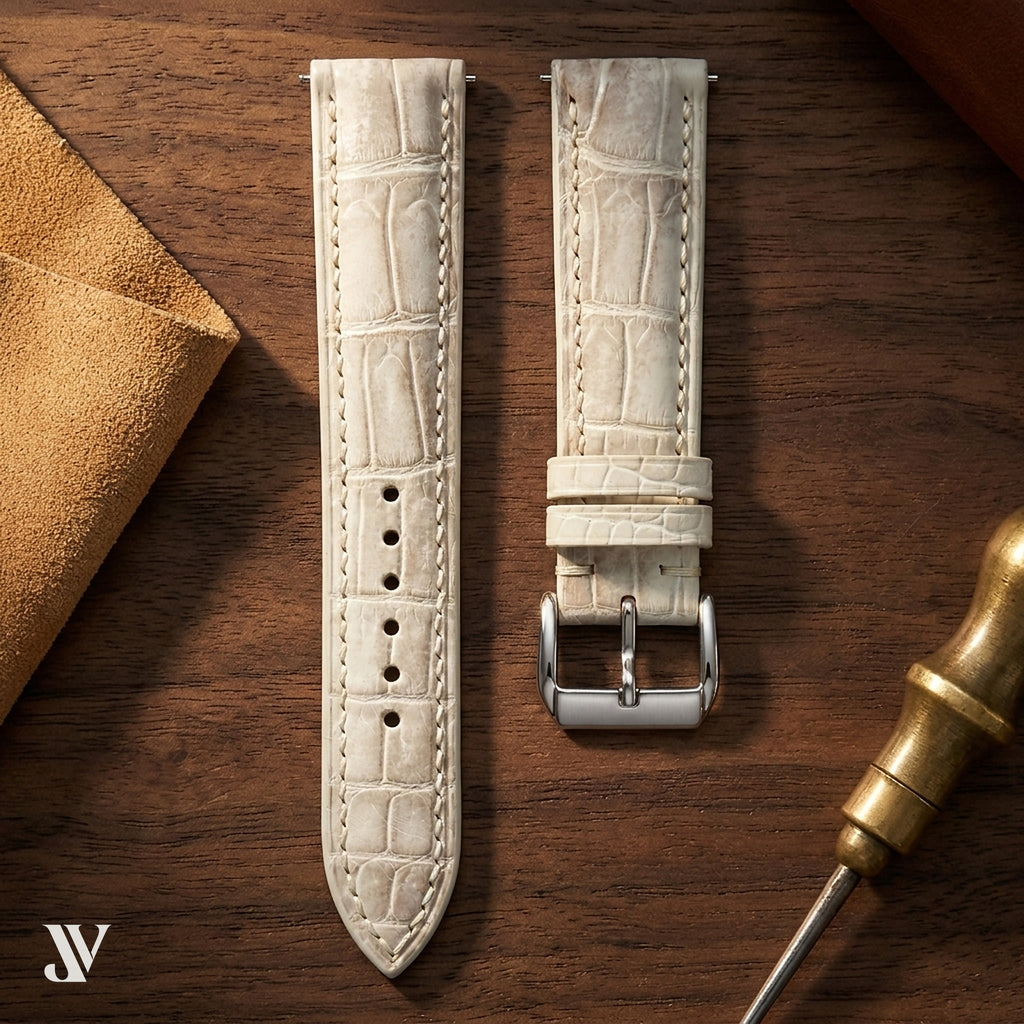 White Alligator Leather Watch Strap — styled scene