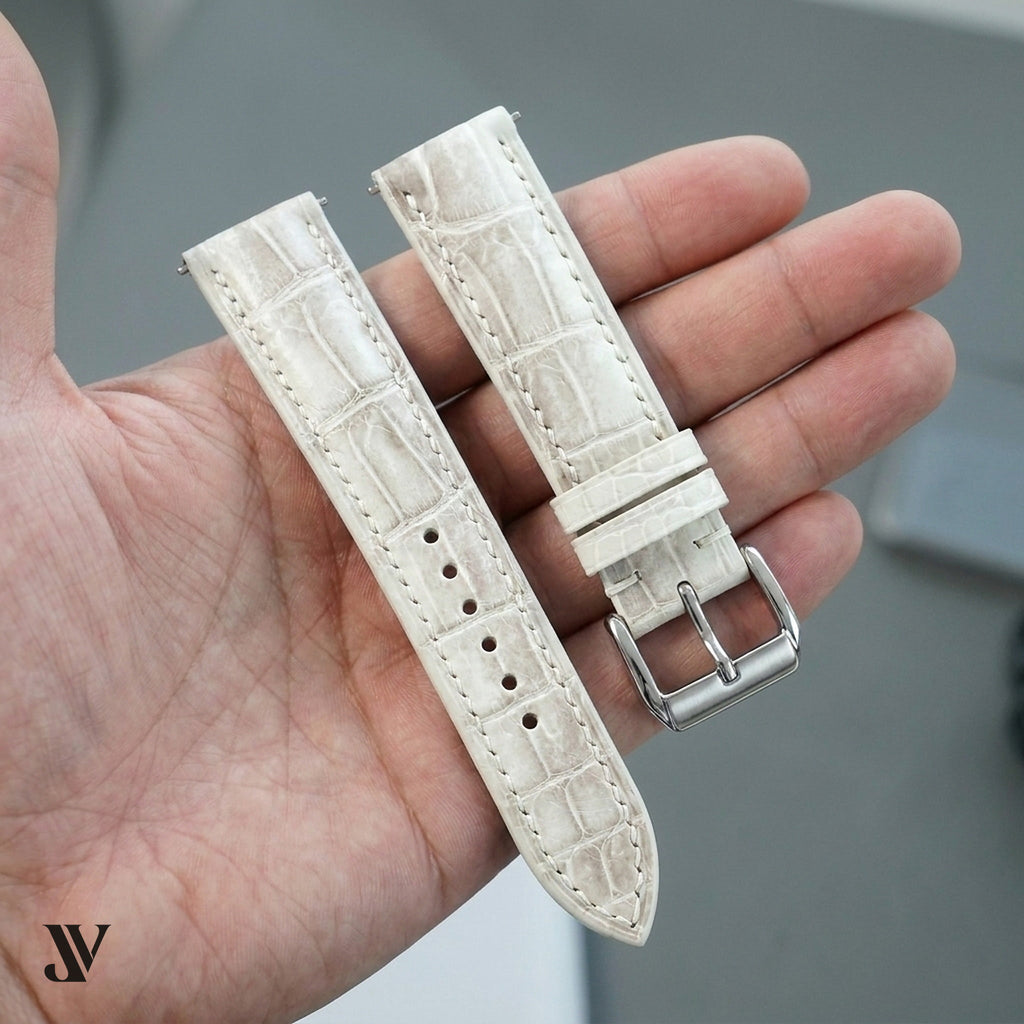 White Alligator Leather Watch Strap — shown on watch