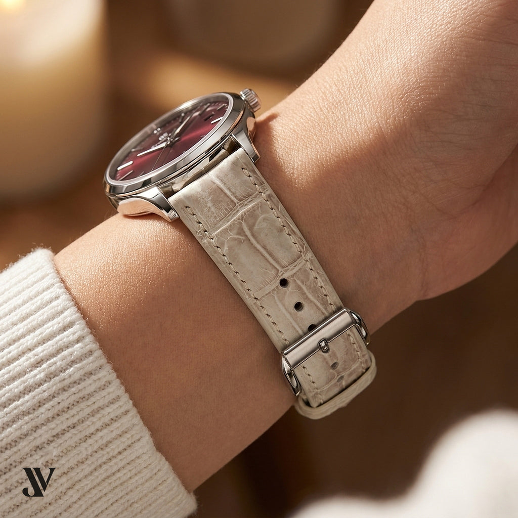 White Alligator Leather Watch Strap — shown on watch