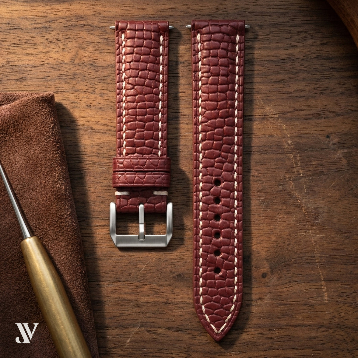 Burgundy Beaver Leather Watch Strap — styled scene