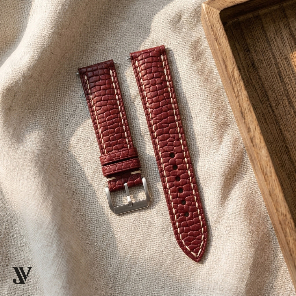 Burgundy Beaver Leather Watch Strap — styled scene