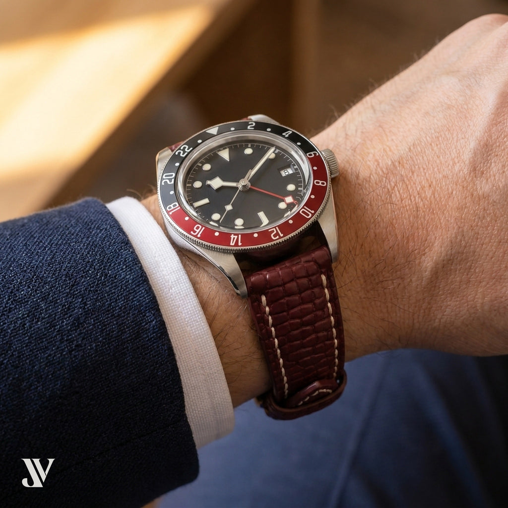 Burgundy Beaver Leather Watch Strap — shown on watch
