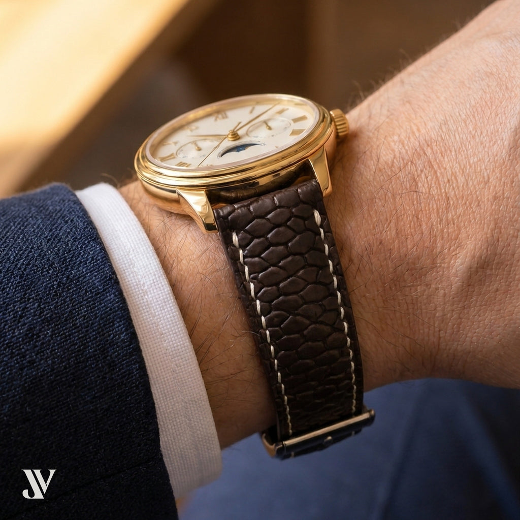 Chocolate Brown Beaver Leather Watch Strap — shown on watch