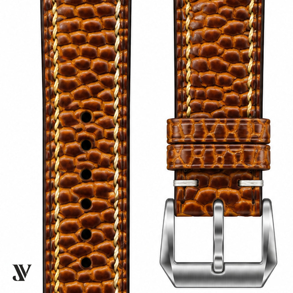 Cognac Beaver Leather Watch Strap — stitching detail