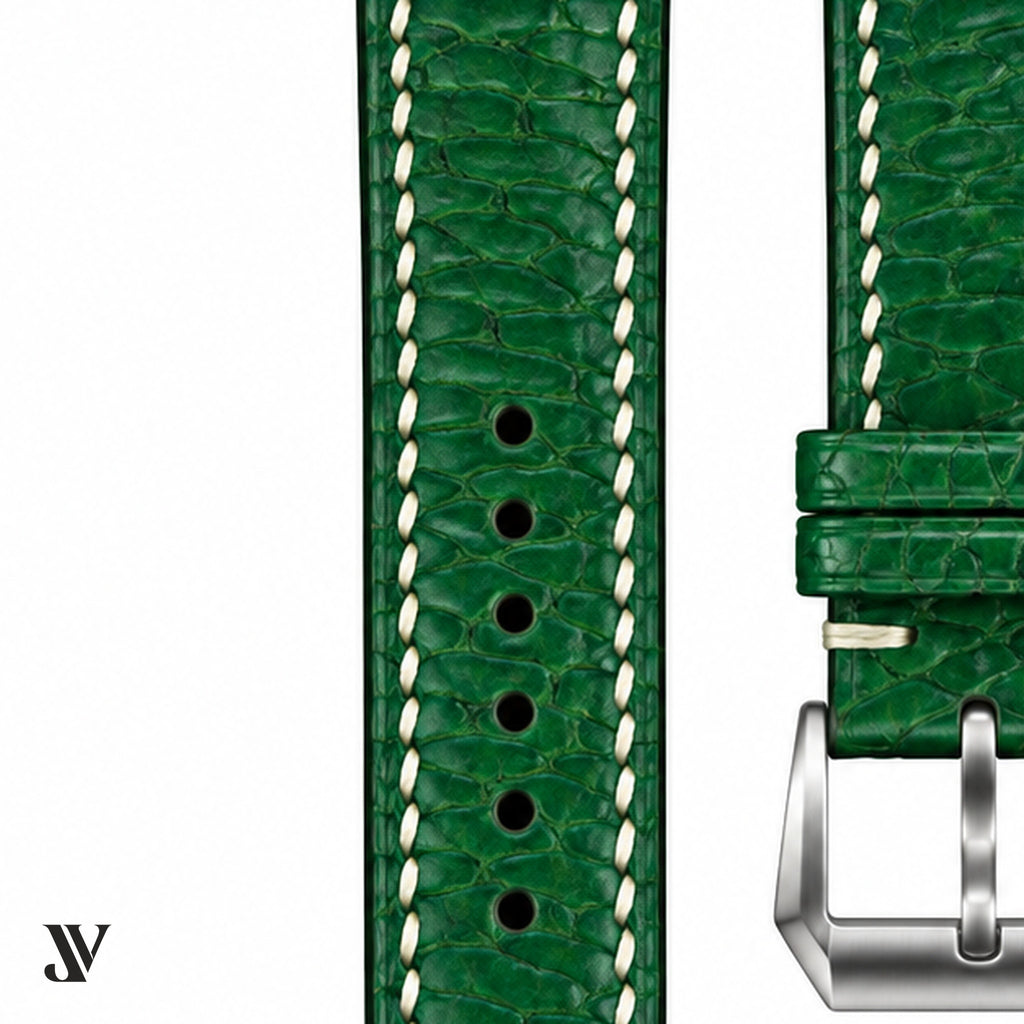 Emerald Green Beaver Leather Watch Strap — stitching detail