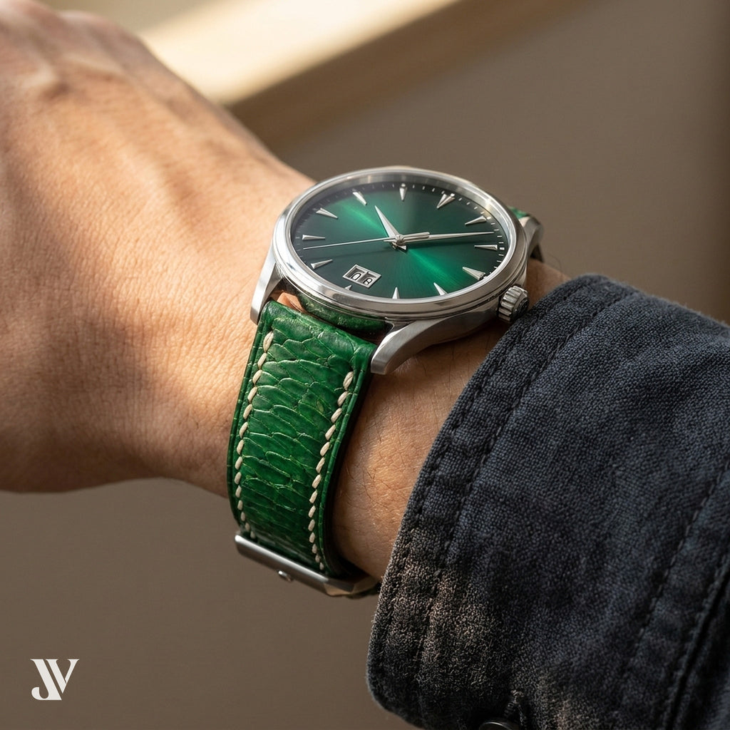 Emerald Green Beaver Leather Watch Strap — shown on watch