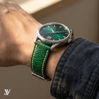 Emerald Green Beaver Leather Watch Strap — shown on watch