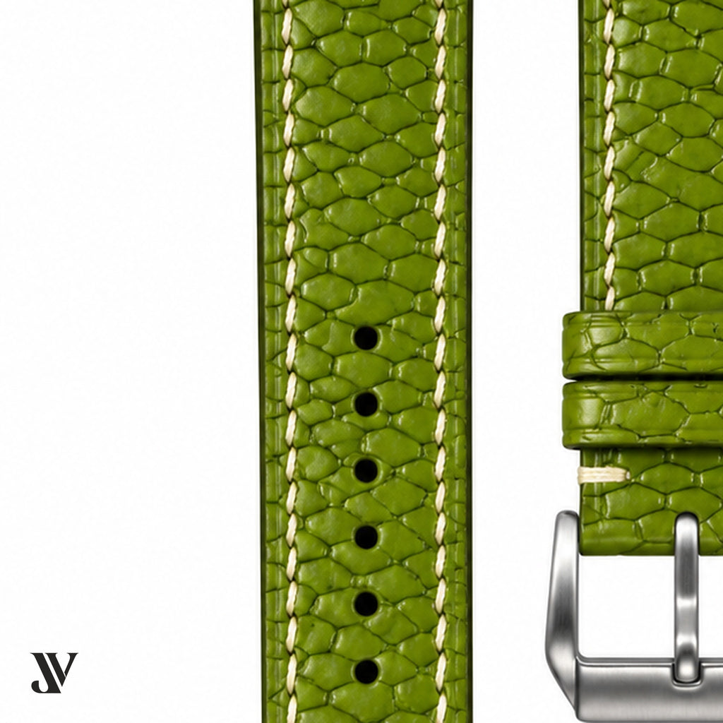 Olive Beaver Leather Watch Strap — stitching detail