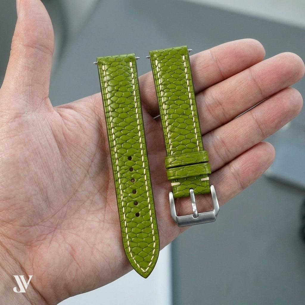 Olive Beaver Leather Watch Strap — shown on watch