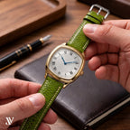Olive Beaver Leather Watch Strap — shown on watch