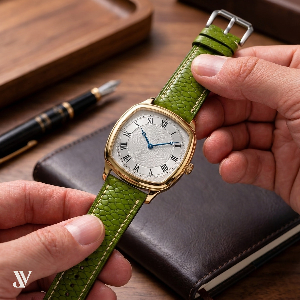 Olive Beaver Leather Watch Strap — shown on watch