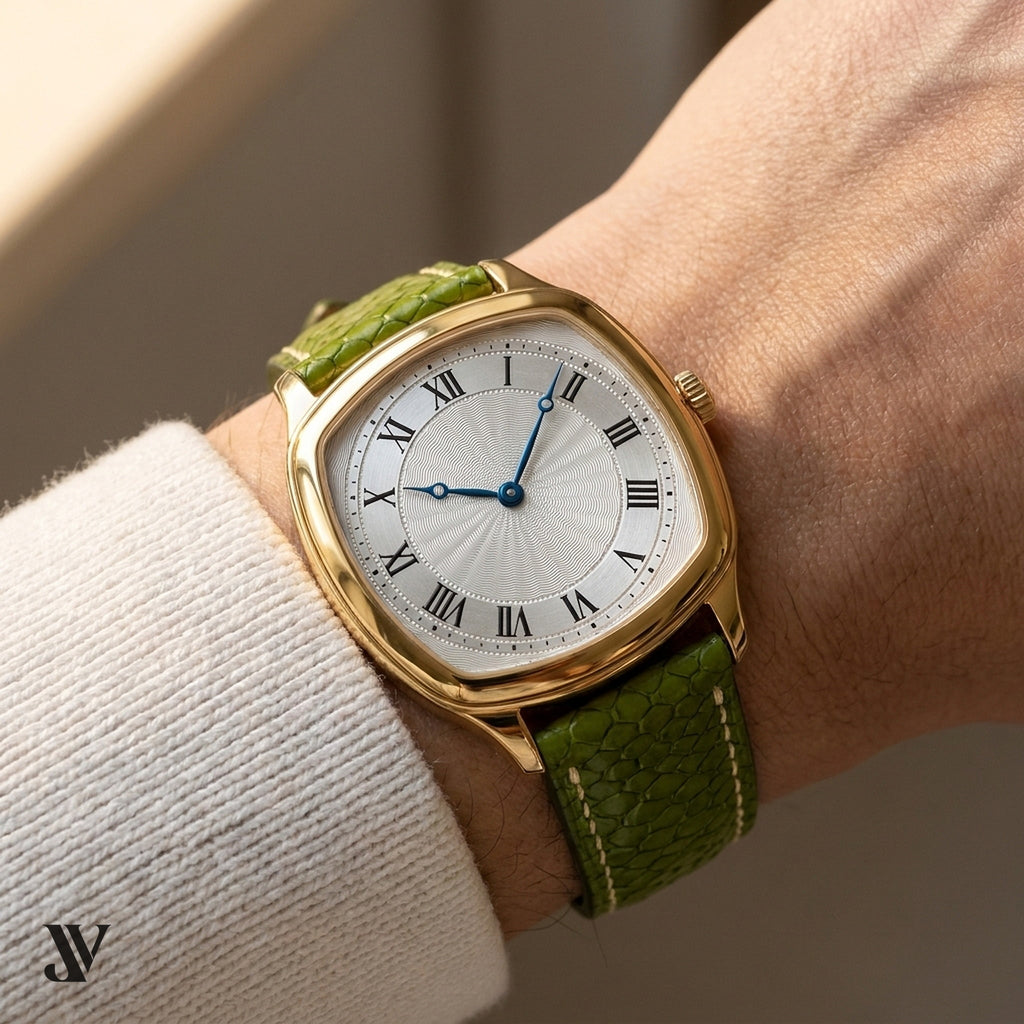 Olive Beaver Leather Watch Strap — shown on watch