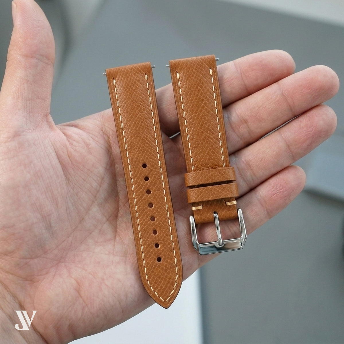Caramel Epsom Classic Leather Watch Strap Custom Fit — shown on watch