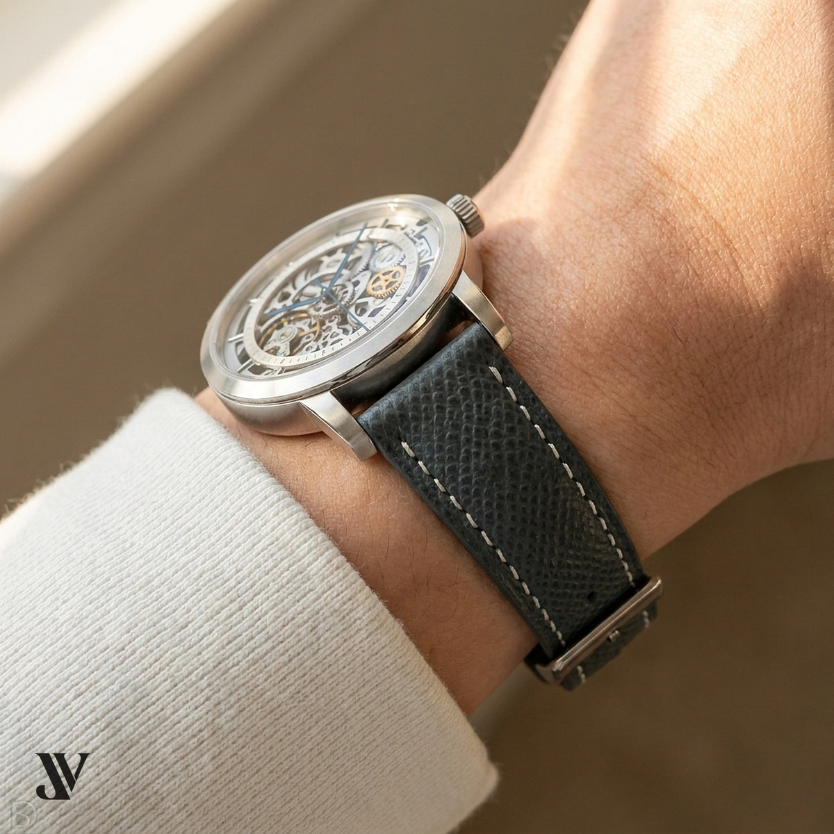 Dark Gray Epsom Classic Leather Watch Strap Custom Fit — shown on watch