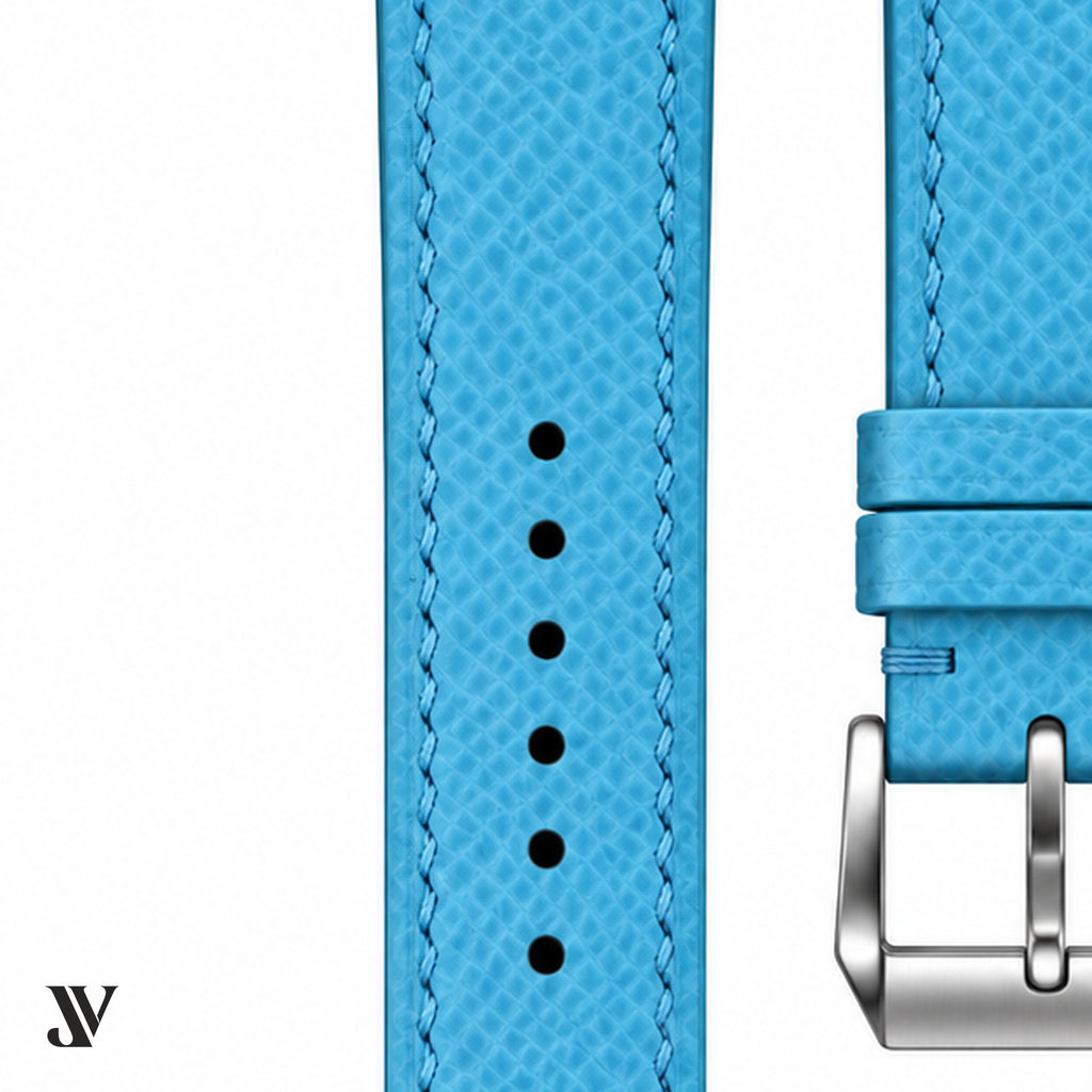 Light Blue Epsom Leather Watch Strap — stitching detail