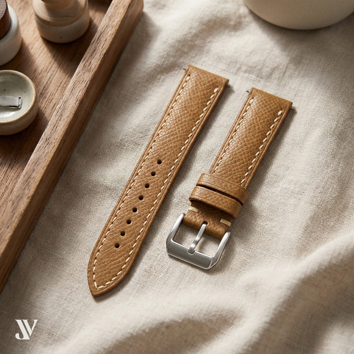 Taupe Epsom Classic Leather Watch Strap — styled scene
