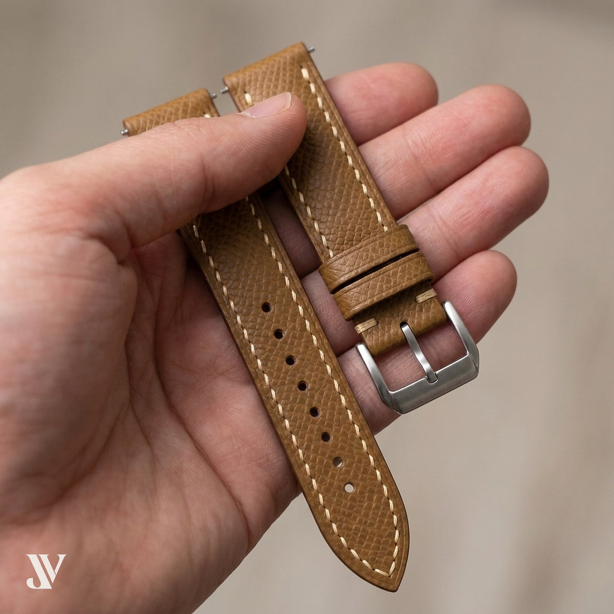Taupe Epsom Classic Leather Watch Strap — shown on watch