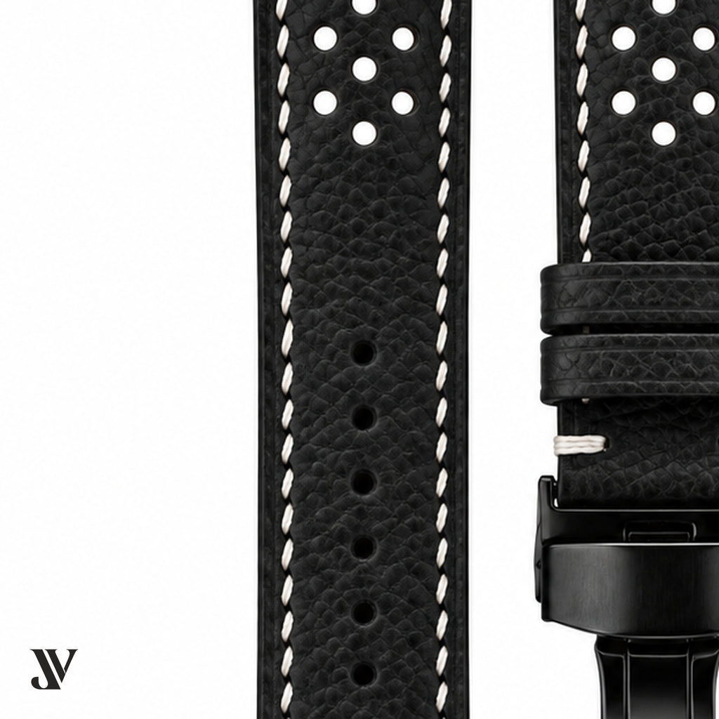 Black Epsom Rally Leather Watch Strap — stitching detail