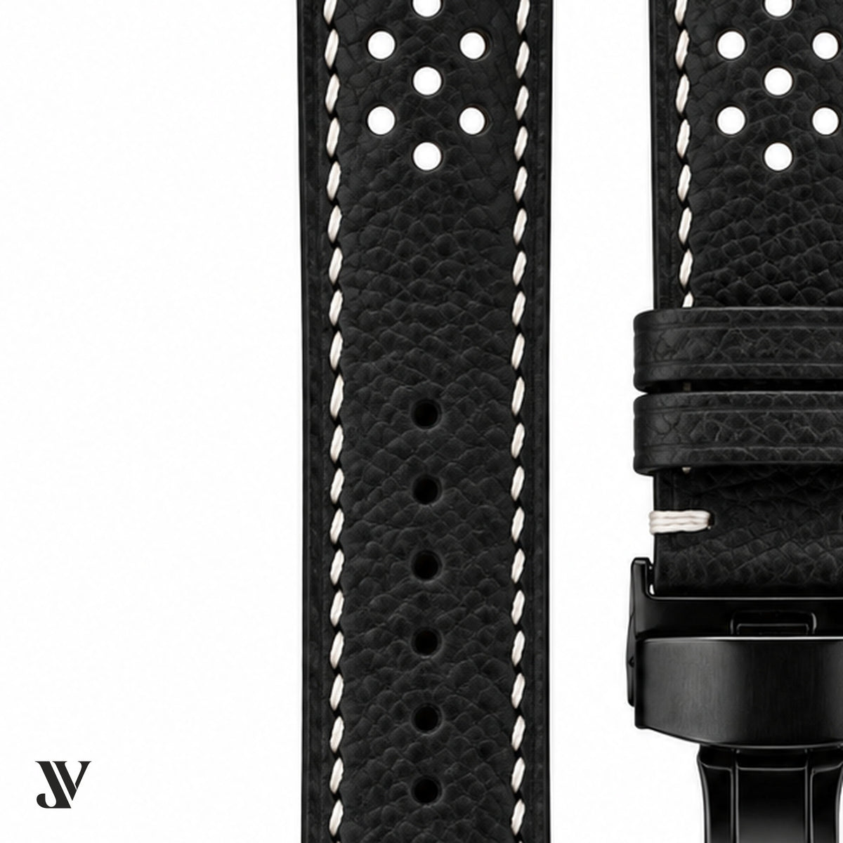 Black Epsom Rally Leather Watch Strap — stitching detail