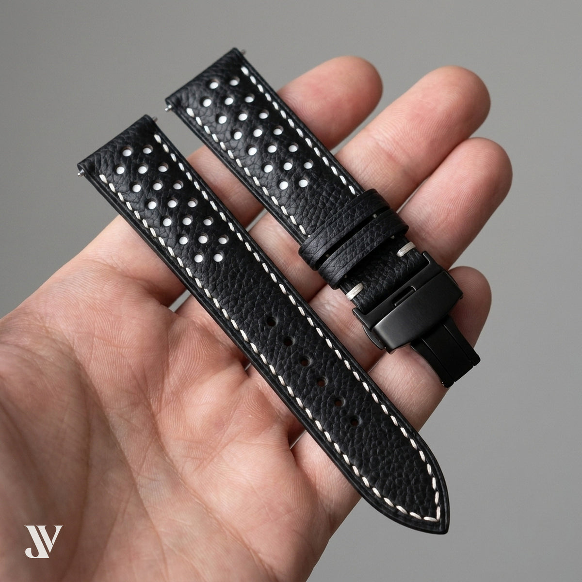 Padded Black Epsom White Rally Leather Watch Strap with Butterfly Clasp — shown on watch