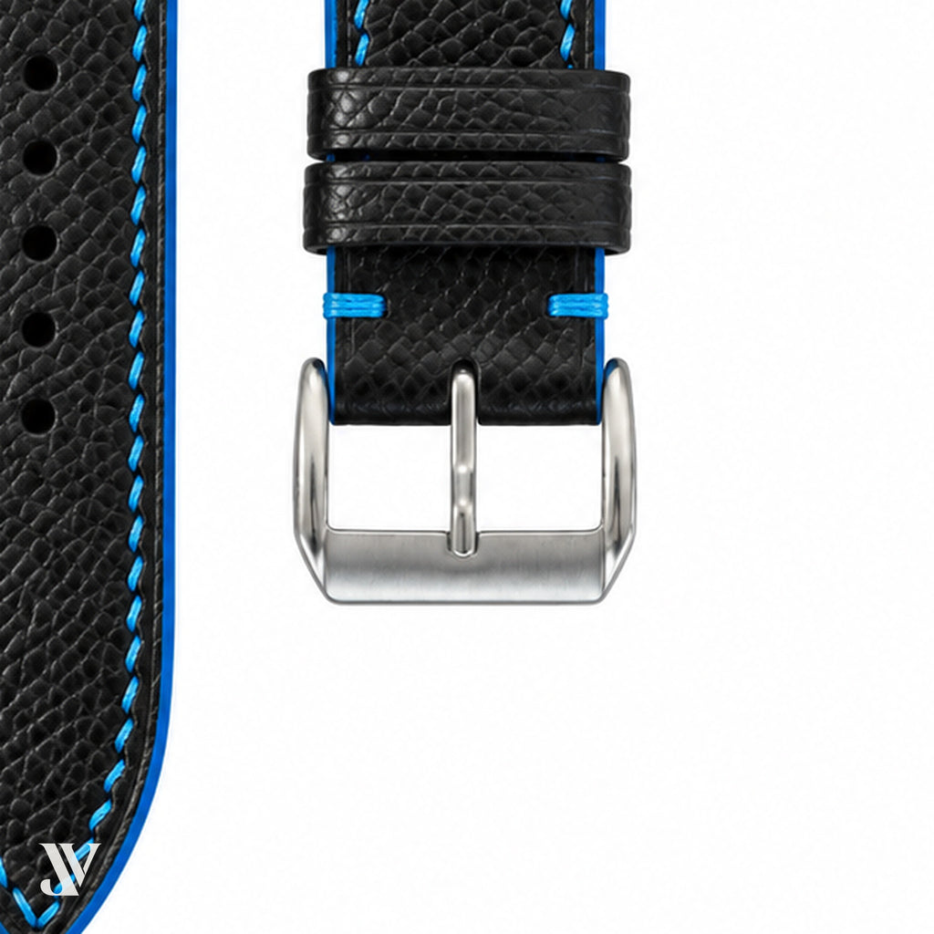 Black Blue Epsom Rally Leather Watch Strap — buckle detail